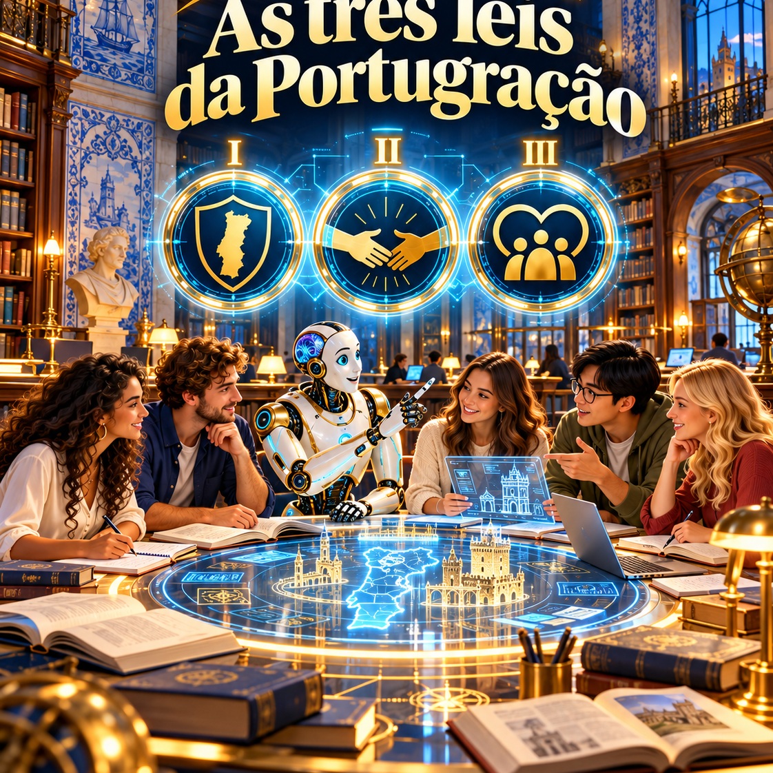 As três leis da Portugração — illustration of people learning together, inspired by Isaac Asimov